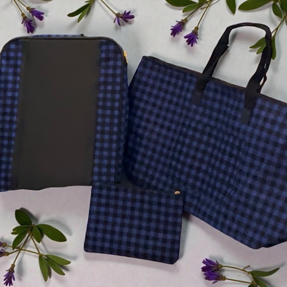 3 PIECE TRAVEL BAG SET- BLUE PLAID, LEATHERETTE TRIM